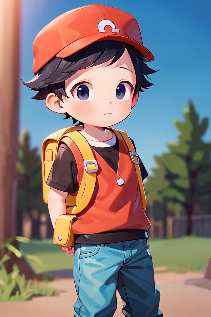 1 boy,more details in eyes,cute,looking at viewer, adorabel boy,cute face,details sky,handsome,young,juvenile,((masterpiece:1.4,best quality)),multiple details,colorful hair,eyeshadow,sfw, <lora:RedLora:0.4>, (red \(pokemon\):0.6), black hair
black shirt, red vest, red hat, jeans,yellow backpack
<lora:thebrushking:0.5> thebrushking,