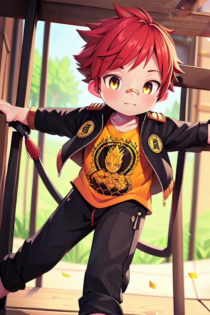 The soft lighting and detailed surroundings create an immersive environment where imagination runs wild <lora:aizen-000007:0.7> 1boy, petitie, male focus, yellow_shirt, jacket, (bandaid on nose:0.5), aizen kunitoshi, red hair, spiky hair, yellow eyes, soft smile,young, juvenile, boy, sparkling eyes, energetic eyes,
<lora:thebrushking:0.45> thebrushking,