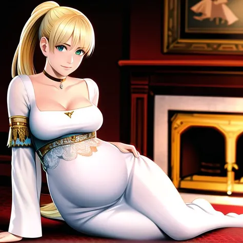 highly detailed, realistic, photo of fiona belli, inside medieval castle, sitting on parlor chair by a fireplace, pregnant, hand on belly, hair in a ponytail, wearing a white dress, blushing, <lora:fiona_belli:0.8>, <lora:last:0.2>