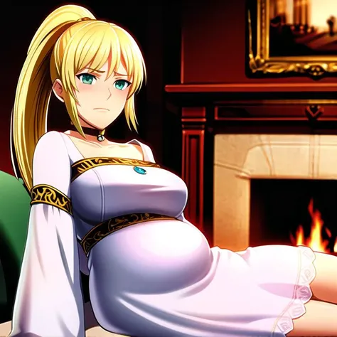 highly detailed, realistic, photo of fiona belli, inside medieval castle, sitting on parlor chair by a lit fireplace, pregnant, hand on belly, hair in a ponytail, wearing a white dress, (frowning:1.4), embarrassed, blushing, <lora:fiona_belli:0.8>, <lora:last:0.2>