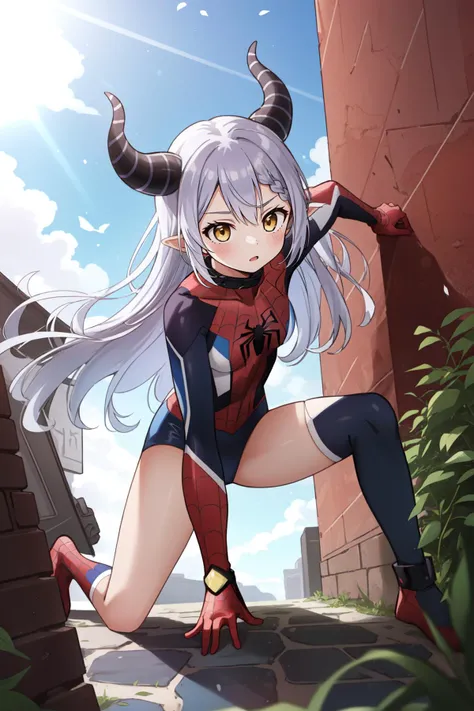 (masterpiece, best quality),  intricate details,
1girl,   <lora:la_darknesss:0.8> la+ darkness, long hair,gray hair,purple hair, braid, stripped horn horns, ,pointy ears,yellow eyes,  , collar, chuunibyou, 
 <lora:attire_spider-man-12:0.8> spider suit, spider web print, spider web, superhero landing, one hand on ground,