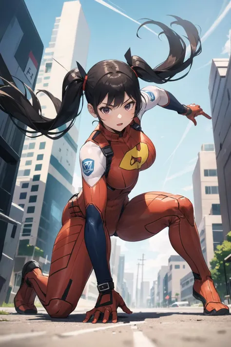 1girl, twintails, bodysuit, long hair, superhero, superhero landing, outdoors, on ground, perspective, street, straight on, from below