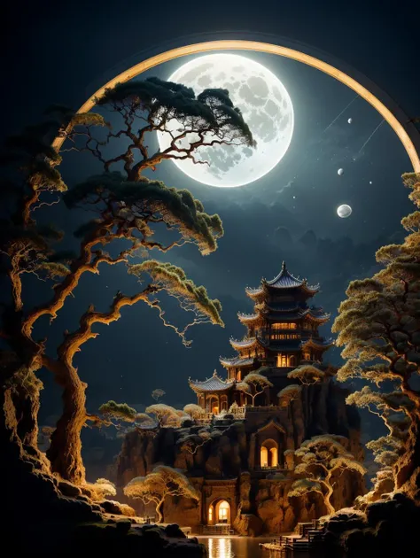 BJ_Ancient_city,sitting,sky,cloud,water,tree,no_humans,night,moon,night_sky,scenery,full_moon,architecture,east_asian_architecture,round_window,
cinematic lighting,strong contrast,high level of detail,Best quality,masterpiece,<lora:Ancient_city:0.7>,