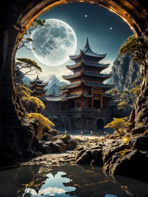 BJ_Ancient_city,outdoors,sky,cloud,water,no_humans,night,moon,building,night_sky,scenery,full_moon,reflection,stairs,mountain,architecture,east_asian_architecture,pagoda,
cinematic lighting,strong contrast,high level of detail,Best quality,masterpiece,<lora:Ancient_city:0.7>,