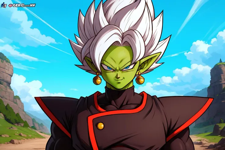 Best_QualityPos, RAW photo, intricate details, best quality, 8k uhd, soft lighting, 1boy, solo, dbs_bs, dbs_fusion_zamasu, earrings, colored skin, white hair, spiked hair, blue eyes, green skin, pointy ears, super saiyan, (black clothes:1.2), looking at viewer, evil smile, outdoors, cloudy sky, mountain, upper body <lora:Dragon_Ball_Super_Broly_Style_Last:0.6>  <lora:DBS_Fusion_Zamasu:0.5> <lora:mouth_slider_v1:-2>