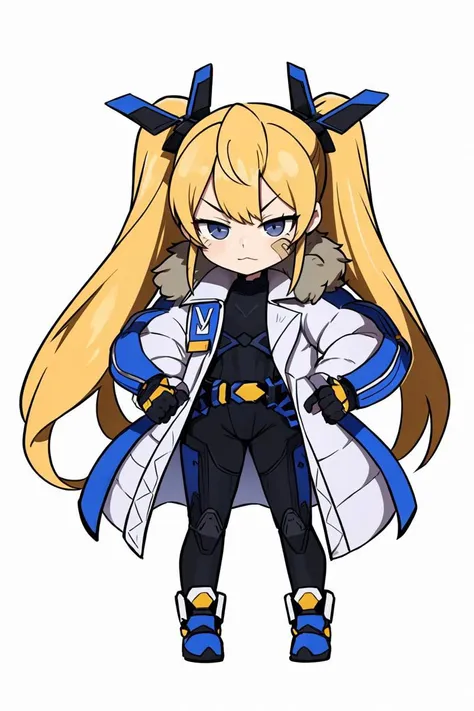 <lora:NIKKE_Laplace-TEST:0.8> 1girl, solo, twintails, yellow visor, black bodysuit, fur-trim coat, hair ornament, gloves, belt, bandaid on cheek, full body, chibi style, white background