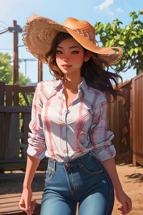 DEN_nana_fukadaMK2,
(country beauty posing against a wooden fence with a plaid shirt and jeans and a cowboy hat, cow girl, country girl, cow girl:1.2),
bokeh, f1.4, 40mm, photorealistic, raw, 8k, textured skin, skin pores, intricate details <lora:epi_noiseoffset2:1>, epiCRealism <lora:ClothingAdjuster3:-1>