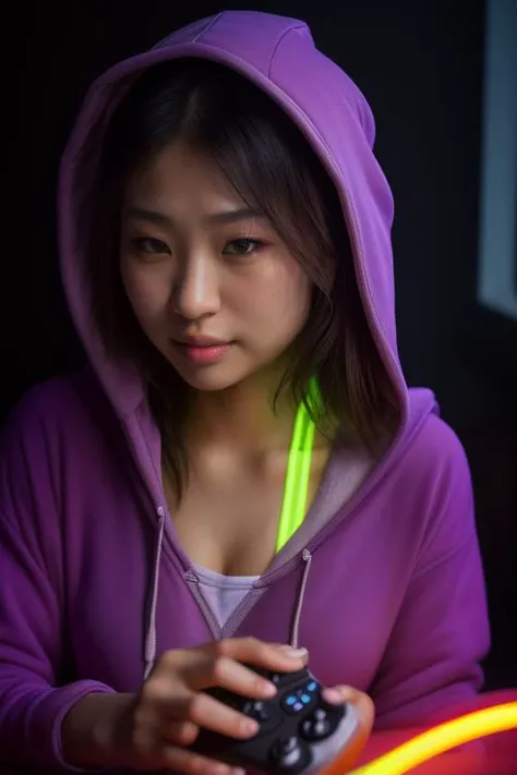 DEN_nana_fukadaMK2,
(sitting at a computer wearing headphones and playing games (holding a controller:1.2) wearing a (hoodie:1.2) in a (neon lit room:1.3), (gamer:1.2), gaming, (gamer girl:1.3), games, (purple lighting, neon:1.2):1.2),
bokeh, f1.4, 40mm, photorealistic, raw, 8k, textured skin, skin pores, intricate details <lora:epi_noiseoffset2:1>, epiCRealism <lora:ClothingAdjuster3:-1>