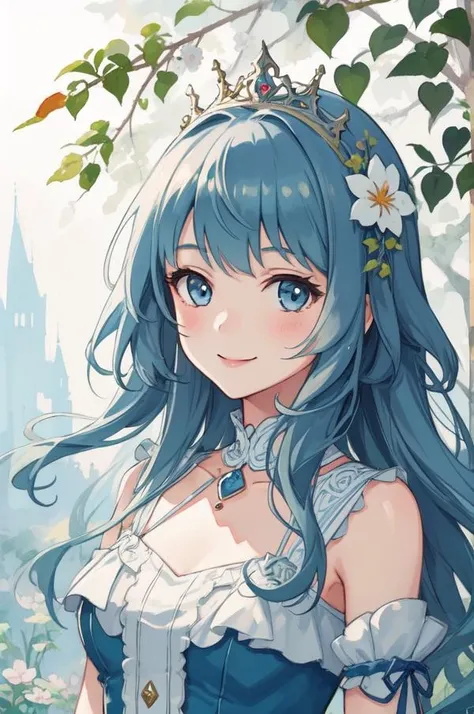 1girl, art, nature, intricate details, watercolor background, smiling, princess