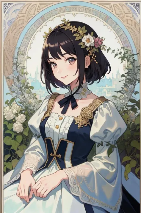 1girl, art, nature, intricate details, watercolor background, smiling, princess laces, ruffles, 8 k, maximalist, golden ratio, alphonse mucha
