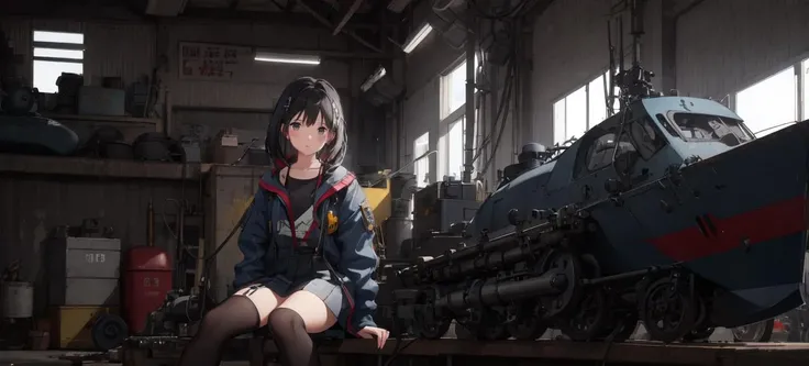 a girl, sitting at the workbench, factory 50s in the background, engines, (closeup:1.2),(slashed lines:1.2)