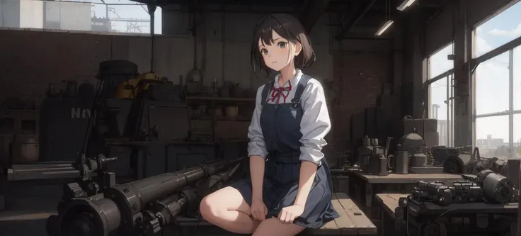 a girl, sitting at the workbench, factory 50s in the background, engines, (closeup:1.2)