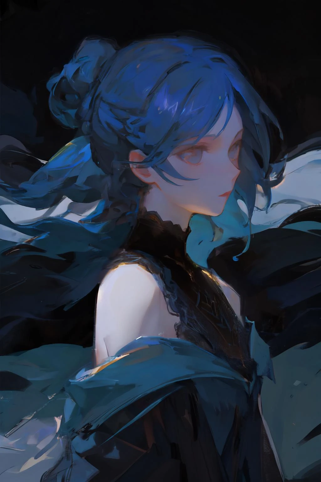 (Style by NTY:1.4), female, chignon, blue hair, intricate, dark <lora:OilPaint:0.7>
