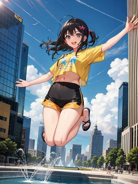 a girl, jumping, smiling, ((varicolored shorts)), yellow short blouse, background city high fountain, coleup 0.85