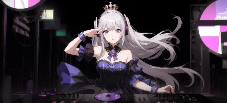 a queen in a dress, dj with headphones, eclectic, chaotic