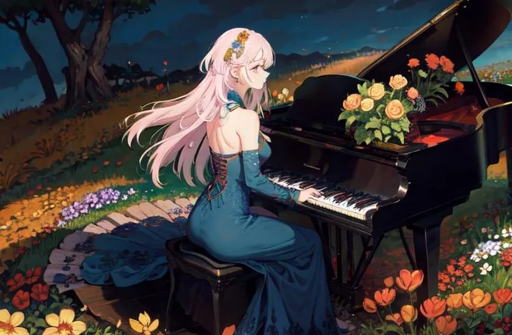 woman, colorful, piano, wilderness background,
flowers, blue dress,
<lora:Iridescence:0.7>