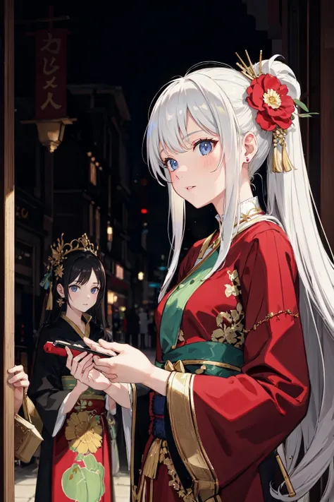 art by Quentin Blake, portrait of a european woman, [red:gold:green] dress, complex dressed as a geisha standing in front of a store, gorgeous aristocrat robe, wearing aristocrat robe, long silver hair with a flower, ultra realistic, bokeh, sharp features, complex background, sunlight,  natural, perfect, oliver wetter, leibovitz,  intricate, high quality, exposure blend <lora:LowRA:0.3>