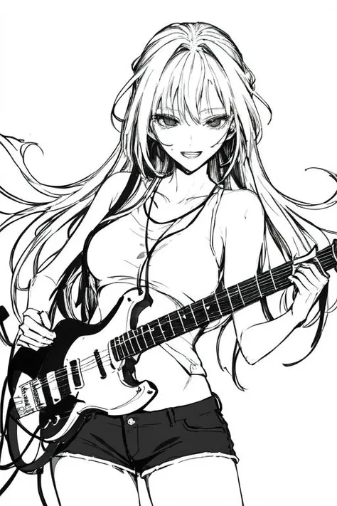 official art,  Sketch by NTY, white background, masterpiece, best quality, long hair, slim body, medium breasts, narrow waist, tank top, shorts, (playing electric guitar:1.5), fiery atmosphere, sexy, charming, dynatic pose, excited, 
<lora:SketchStyle:0.7>