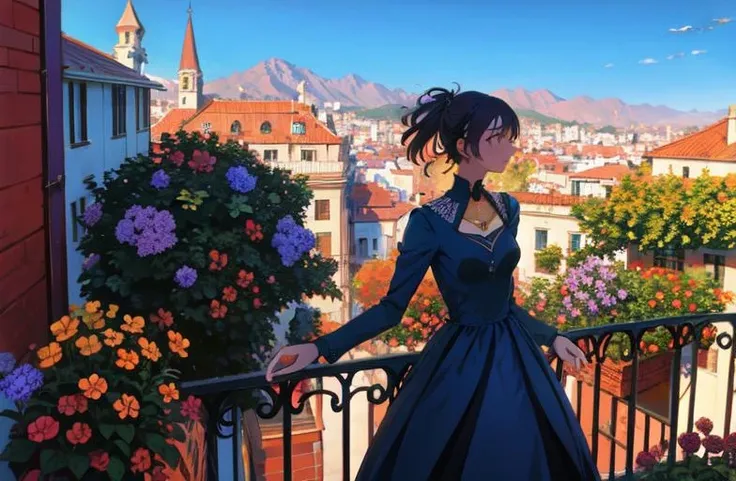 the view from a balcony of a small city with hills far away,
woman, colorful,
flowers, blue dress,
<lora:Iridescence:0.7>