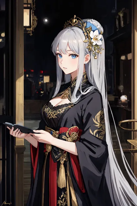 art by Quentin Blake, portrait of a (european woman), black dress, complex dressed as a geisha standing in front of a store, gorgeous aristocrat robe, wearing aristocrat robe, long silver hair with a flower, ultra realistic, bokeh, sharp features, complex background, sunlight, natural, perfect, oliver wetter, (leibovitz:0.6), intricate, high quality, exposure blend <lora:LowRA:0.3>