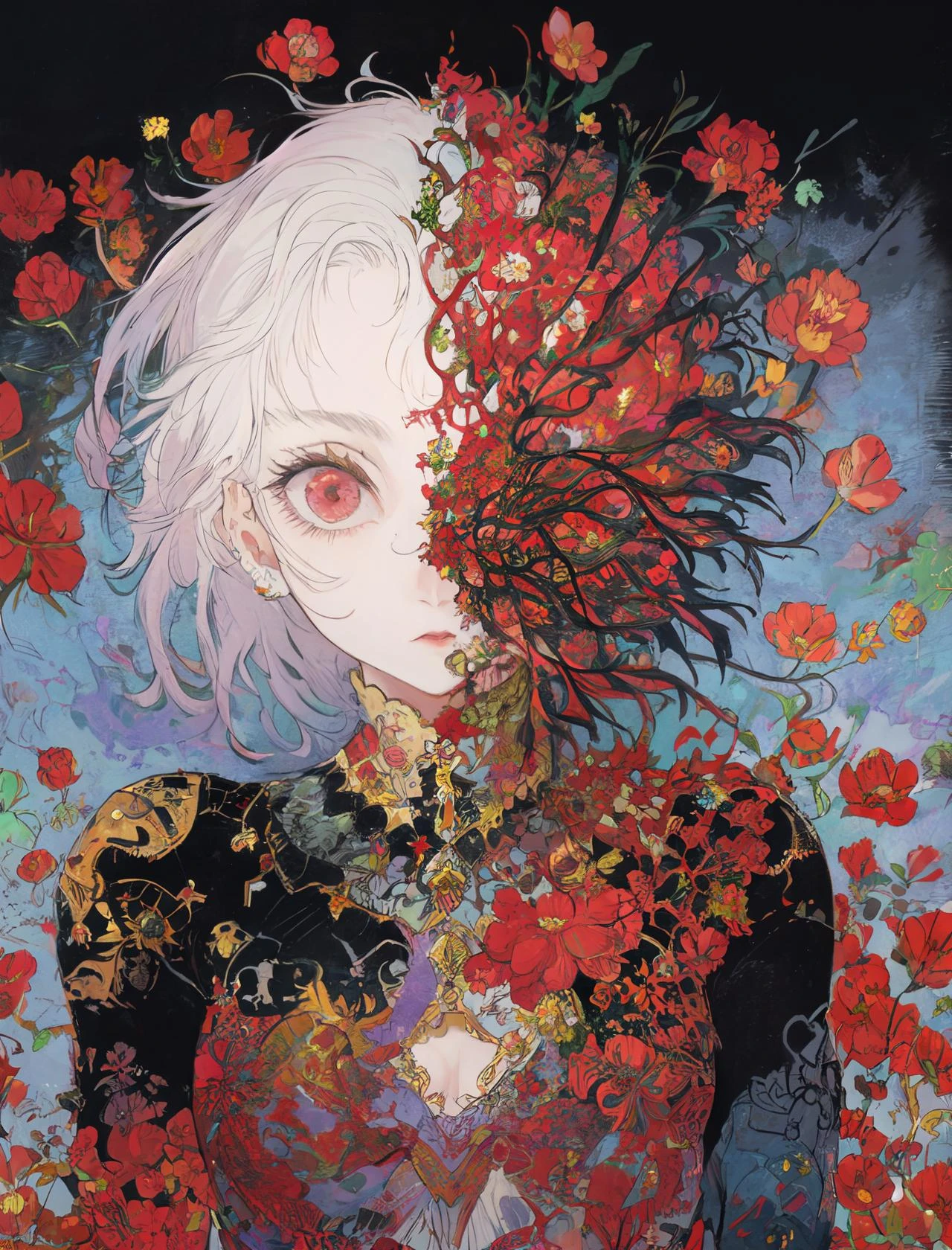 woman, face, face infection, colorful, flower dress, <lora:Iridescence:0.7>