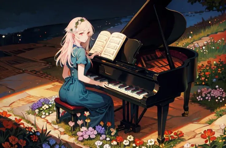 woman, colorful, piano, wilderness background,
flowers, blue dress,
<lora:Iridescence:0.7>
