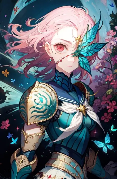 woman, infected face, blue butterfly, iridescent armor, intricate, bright background
 <lora:Iridescence:0.7>