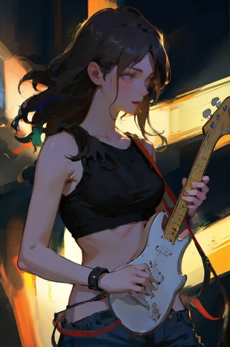 (photorealistic:1.4), official art, Style by NTY, colorful, unity 8k wallpaper, ultra detailed,exquisitely detailed skin,(cinematic angle)(film grain:1.2)cinematic lighting,beautiful and aesthetic, dynamic lighting, masterpiece, best quality, glowing skin,cyberpunk,,(neon light), at night, 1girl, lisa, long hair, slim body, medium breasts, narrow waist, tank top, shorts, (playing electric guitar:1.5), fiery atmosphere,sexy, charming, dynatic pose, excited,
<lora:OilPaint:0.7>
