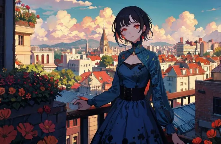 the view from a balcony of a small city with hills far away,
woman, infected face, colorful,
flowers, blue dress,
<lora:Iridescence:0.7>