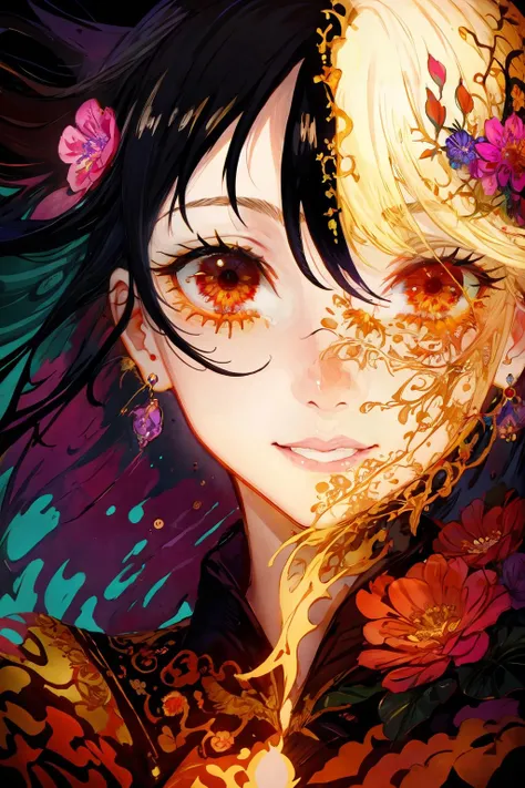 a woman, smiling, black eyes, closeup, iridescent hair, flowers, intricate, colorful background, splash
<lora:Iridescence:0.7>
<lora:add_detail:0.7>
<lora:splashes_v.1.1:0.7>