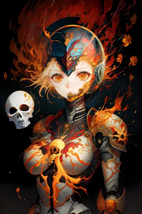 a woman android, (scull:1.3), robot armor, (helmet:1.4), large breasts, flowers, infected body, intricate, colorful background, fireflies, splash, explosion
<lora:Iridescence:0.7>
<lyco:GoodHands-beta2:0.7>
<lora:add_detail:0.7>
<lora:splashes_v.1.1:0.7>