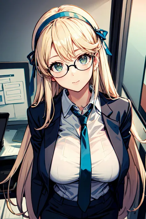 (solo:1.4), Katsuragi, big breasts, Kattire, long blonde hair, blue-green eyes, hair ribbons, hairband, (office suit:1.4), glasses, blazer, pants
<lora:Katsuragi:0.7>
<lora:add_detail:0.7>
<lyco:GoodHands-beta2:0.7>