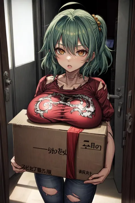 solo, Hikage \(senran kagura\), (giant breasts:1.4), (slit pupils:1.3), without emotions, Breast tattoo, Pubic tattoo, Neck tattoo, Jeans, Crop top, Torn clothes, BREAK, carried breast rest, carrying, cardboard box
<lora:Hikage V1:0.7>
<lora:add_detail:1>
<lyco:GoodHands-beta2:1>
<lora:CarriedBreastRestV1:0.9>