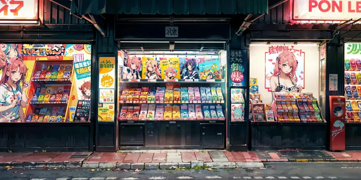 (full body:1.2)(masterpiece:1.4, best quality), ((((a photo of a front facing building EXTERIOR wall)))), view from 36 inches above ground, eye level view, straight shot, 1girl, asian girl, pink hair, twintails, brown eyes, large breasts, cute clothing, ((poster))(((flat facing wall with posters stuck on it))). posters of pretty anime girls, flat views of posters, posters of ruka inaba, pillar, vending machines, stickers, neon signs, vibrant colors, luminous signs, (anime colors:1.3), anime color, store signs, anime logos, lit, <lora:japan stores:1>