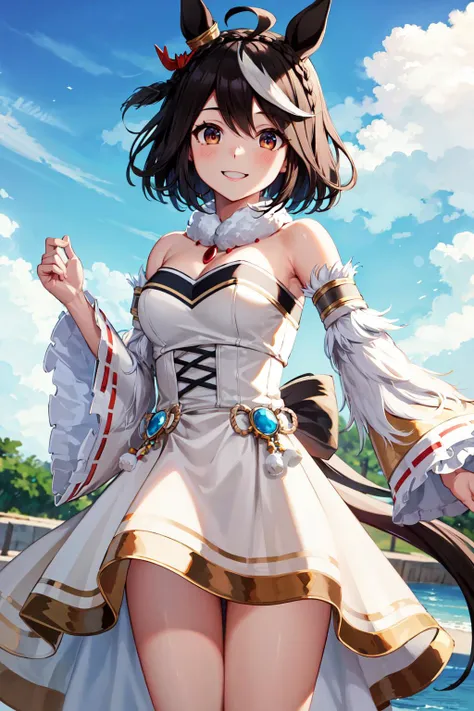 masterpiece, best quality, highres, cckitasan, animal ears, short hair, streaked hair, braid, ear ornament, horse tail, white dress, detached sleeves, <lora:kitasan_black_v1:0.7>, smile, standing, cowboy shot, sky