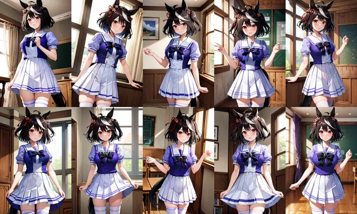 masterpiece, best quality, highres, bbkitasan, animal ears, short hair, streaked hair, hair ornament, horse tail, tracen school uniform, sailor collar, purple shirt, sailor shirt, purple bowtie, short sleeves, white skirt, pleated skirt, white thighhighs, <lora:kitasan_black_v1:0.7>, indoors, cowboy shot, standing