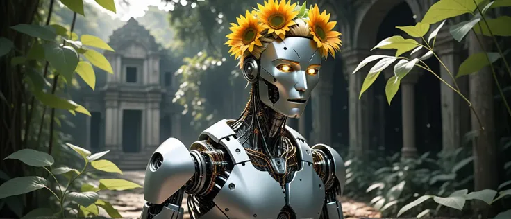(Ancient ruins, partially reclaimed by the jungle, hinting at lost civilizations and secrets:1.3), (A very handsome, intricately designed robotic man:1.4), (his form a harmonious blend of advanced mechanics and artistry, featuring a polished metallic finish with elegant, fluid lines), (captivating, lifelike features gently illuminated by internal light sources, creating a mesmerizing, ethereal appearance) (with short spikey Sunflower Yellow hair, wires showing, wearing Black skinny jeans with chain wallet):1.2), (Air Racing:1.3), UHD, 4k, anime, highly detailed face, (<lora:FaeTastic2:1.0> faetastic:1.3), cinematic, hyper realistic