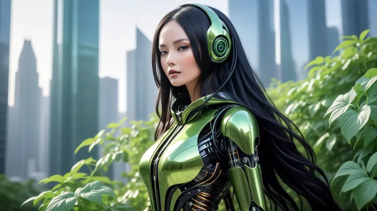 (Skyscrapers adorned with lush greenery, blending advanced architecture with nature:1.3), (A visually stunning, intricately designed robotic woman:1.4), (her form a harmonious blend of advanced mechanics and artistry, featuring a polished metallic finish with elegant, fluid lines), (captivating, lifelike features gently illuminated by internal light sources, creating a mesmerizing, ethereal appearance) (with extremely long flowing Raven Black hair, wires showing, wearing Cute character hoodie with patterned leggings:1.2), UHD, 4k, anime, highly detailed face