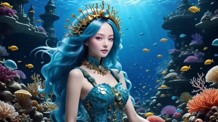 (An underwater fortress made of coral, teeming with sea life and merfolk mysteries:1.3), (A visually stunning, intricately designed robotic woman:1.4), (her form a harmonious blend of advanced mechanics and artistry, featuring a polished metallic finish with elegant, fluid lines), (captivating, lifelike features gently illuminated by internal light sources, creating a mesmerizing, ethereal appearance) (with extremely long flowing Galaxy Blue hair, wires showing, wearing Frilly apron dress with a vintage blouse:1.2), UHD, 4k, anime, highly detailed face