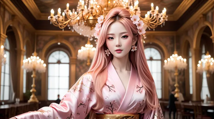 (An ornate room with crystal chandeliers, gilded mirrors, and Renaissance art, filled with the sound of a classical orchestra:1.3), (A visually stunning, intricately designed robotic woman:1.4), (her form a harmonious blend of advanced mechanics and artistry, featuring a polished metallic finish with elegant, fluid lines), (captivating, lifelike features gently illuminated by internal light sources, creating a mesmerizing, ethereal appearance) (with extremely long flowing Rose Gold hair, wires showing, wearing Cherry blossom themed kimono with a matching obi:1.2), UHD, 4k, anime, highly detailed face