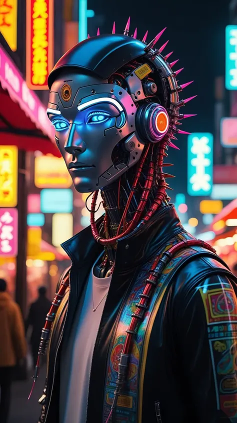 (A vibrant marketplace below the city surface, lit by colorful neon and filled with exotic goods:1.3), (A very handsome, intricately designed robotic man:1.4), (his form a harmonious blend of advanced mechanics and artistry, featuring a polished metallic finish with elegant, fluid lines), (captivating, lifelike features gently illuminated by internal light sources, creating a mesmerizing, ethereal appearance) (with short spikey Red Highlights hair, wires showing, wearing Spiked collar and leather jacket):1.2), UHD, 4k, anime, highly detailed face