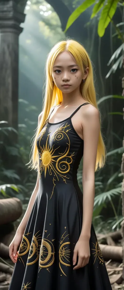 (Ancient ruins, partially reclaimed by the jungle, hinting at lost civilizations and secrets:1.3), (A mesmerizing little child girl crafted from black metal:1.2), (her silhouette sleek and formidable, with a surface that catches the light with a subtle, enchanting luster), (features finely wrought, suggesting both strength and elegance, her presence commanding yet ethereally graceful) (with extremely long flowing Golden Yellow hair, wearing Black and silver one-piece with celestial embroidery and full skirt:1.2), (underground fight club featuring augmented reality battles:1.3), UHD, 4k, anime, highly detailed face, cinematic, hyper realistic