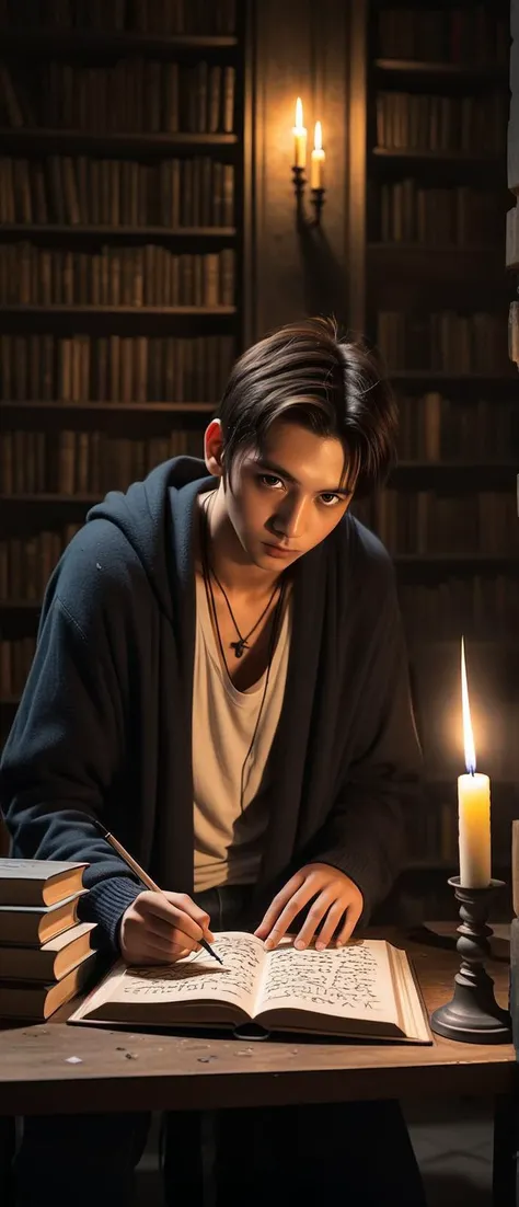 (Tall, dusty shelves laden with ancient books, dimly lit by candlelight, exuding an aura of mystery and forbidden knowledge:1.3), (A energetic boy forged from black metal:1.2), (his silhouette sleek and formidable, with a surface that catches the light with a subtle, enchanting luster), (features finely wrought, suggesting both strength and elegance, his presence commanding yet ethereally graceful) (with expressive Central Heterochromia eyes, wires showing, wearing Draped cardigan and distressed jeans:1.2), (Practicing graffiti art in a sketchbook:1.3), UHD, 4k, anime, highly detailed face, cinematic, hyper realistic