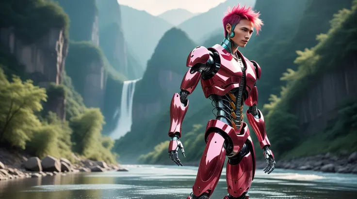 (Towering cliffs and winding rivers, creating a natural masterpiece of color and form:1.3), (A very handsome, intricately designed robotic man:1.4), (his form a harmonious blend of advanced mechanics and artistry, featuring a polished metallic finish with elegant, fluid lines), (captivating, lifelike features gently illuminated by internal light sources, creating a mesmerizing, ethereal appearance) (with short spikey Raspberry hair, wires showing, wearing Vintage band t-shirt and leather pants):1.2), UHD, 4k, anime, highly detailed face