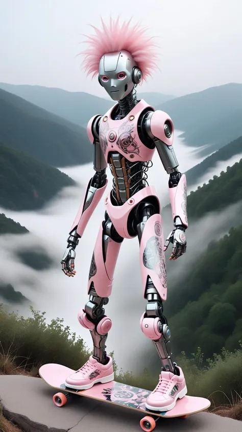(A peaceful retreat perched precariously on a mountain cliff, shrouded in mist:1.3), (A very handsome, intricately designed robotic man:1.4), (his form a harmonious blend of advanced mechanics and artistry, featuring a polished metallic finish with elegant, fluid lines), (captivating, lifelike features gently illuminated by internal light sources, creating a mesmerizing, ethereal appearance) (with short spikey Baby Pink hair, wires showing, wearing Spiked collar and leather jacket):1.2), (High-Speed Downhill Skateboarding:1.3), UHD, 4k, anime, highly detailed face, (<lora:SDXLCottonCandy:1.0> in the style of Cottoncandy:1.3)