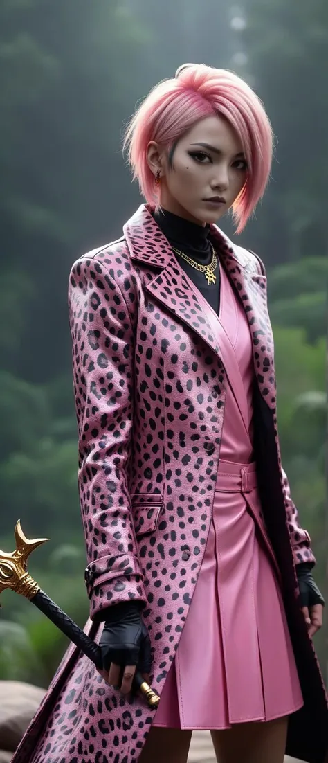 (Lost City of Gold:1.3), (A handom man forged from black metal:1.2), (his silhouette sleek and formidable, with a surface that catches the light with a subtle, enchanting luster), (features finely wrought, suggesting both strength and elegance, his presence commanding yet ethereally graceful) (with short spikey Galaxy Pink hair, wearing Leopard print coat and leather mini skirt:1.2), (Learning about World Religions:1.3), UHD, 4k, anime, highly detailed face, (<lora:samdoesart:1.0> samdoesart:1.3), cinematic, hyper realistic