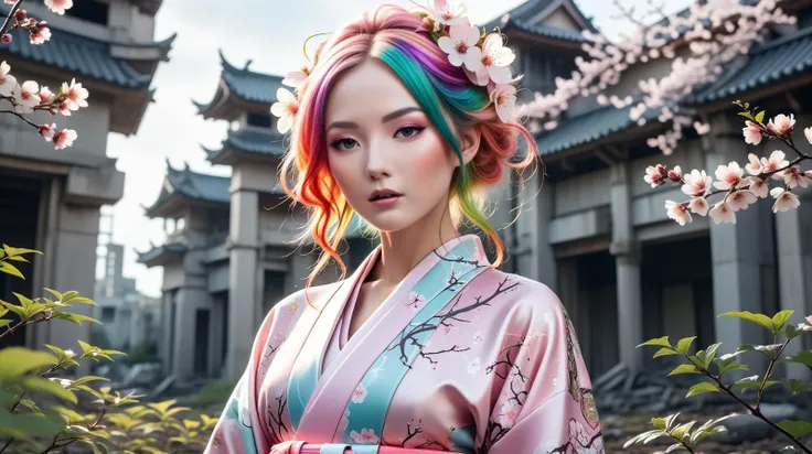(Nature reclaiming a once-bustling city, with overgrown plants entwined around modern ruins:1.3), (A visually stunning, intricately designed robotic woman:1.4), (her form a harmonious blend of advanced mechanics and artistry, featuring a polished metallic finish with elegant, fluid lines), (captivating, lifelike features gently illuminated by internal light sources, creating a mesmerizing, ethereal appearance) (with extremely long flowing Pastel Rainbow hair, wires showing, wearing Cherry blossom themed kimono with a matching obi:1.2), UHD, 4k, anime, highly detailed face