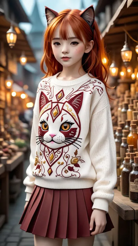 (A magical marketplace selling potions, wands, and mystical artifacts, hidden from the mundane world:1.3), (A visually stunning, intricately designed robotic little girl:1.4), (her form a harmonious blend of advanced mechanics and artistry, featuring a polished metallic finish with elegant, fluid lines), (captivating, lifelike features gently illuminated by internal light sources, creating a mesmerizing, ethereal appearance) (with extremely long flowing Cinnamon Spice Red hair, wires showing, wearing Embroidered cat face sweater with a pleated skirt:1.2), UHD, 4k, anime, highly detailed face