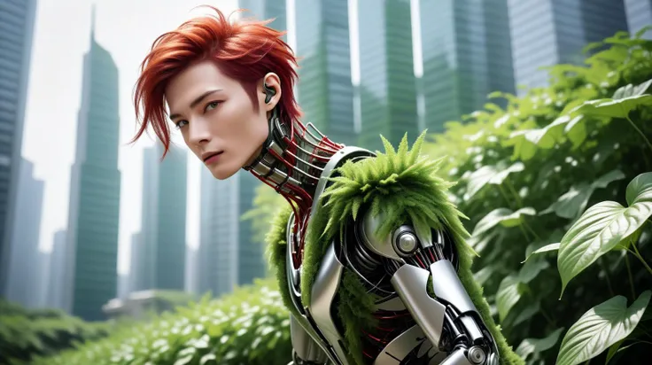 (Skyscrapers adorned with lush greenery, blending advanced architecture with nature:1.3), (A very handsome, intricately designed robotic man:1.4), (his form a harmonious blend of advanced mechanics and artistry, featuring a polished metallic finish with elegant, fluid lines), (captivating, lifelike features gently illuminated by internal light sources, creating a mesmerizing, ethereal appearance) (with short spikey Crimson Red hair, wires showing, wearing Faux fur coat and skinny leather pants):1.2), UHD, 4k, anime, highly detailed face