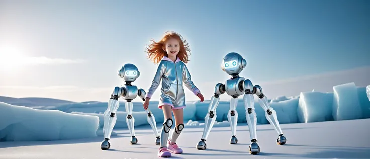 (A formidable structure made of ice and steel, standing resilient against the harsh polar elements:1.3), (A visually stunning, intricately designed robotic little child girl:1.4), (her form a harmonious blend of advanced mechanics and artistry, featuring a polished metallic finish with elegant, fluid lines), (captivating, lifelike features gently illuminated by internal light sources, creating a mesmerizing, ethereal appearance) (with extremely long flowing Strawberry Blonde hair, wires showing, wearing Cute plush slippers with a comfy loungewear set):1.2), (Parkour / Freerunning:1.3), UHD, 4k, anime, highly detailed face, (<lora:KawaiiTechXL-0000016:0.8> kawaiitech, img:1.3), cinematic, hyper realistic